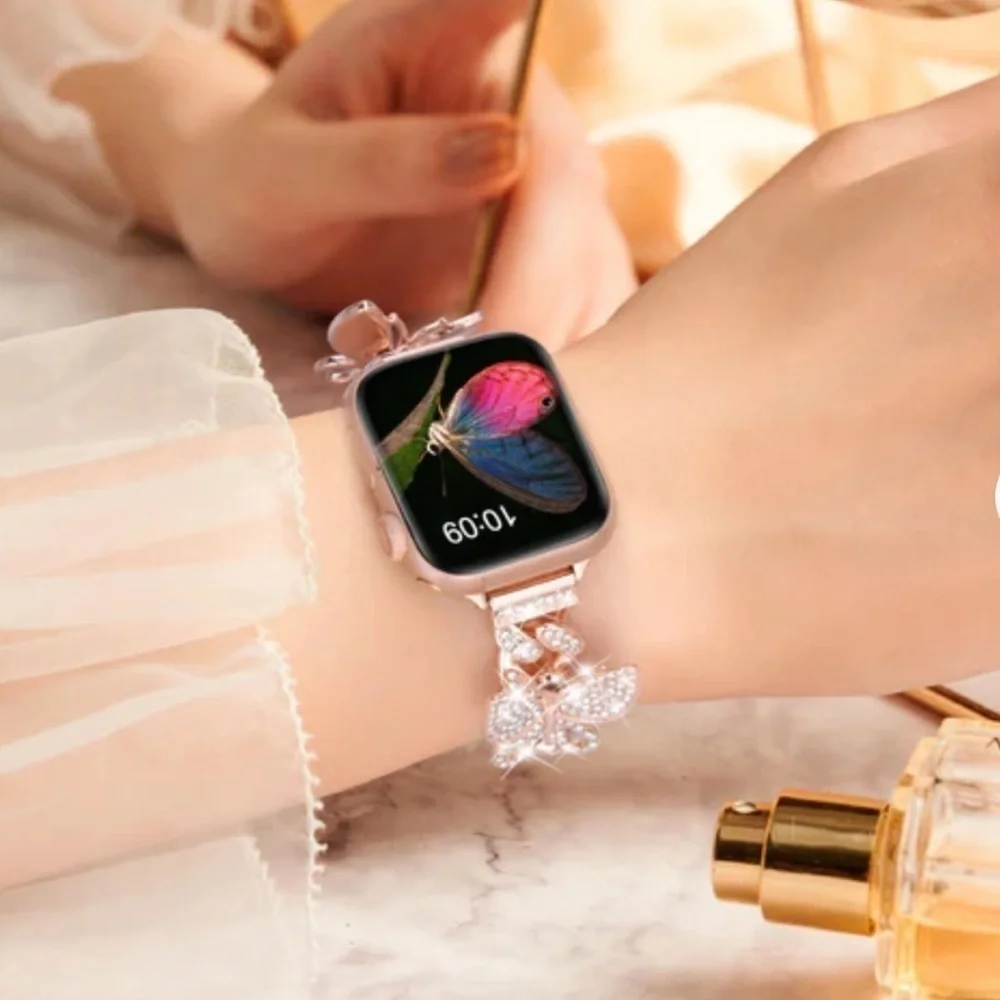 Apple Watch Metal Band in Twirl Butterfly with Bling Rhinestone in Rose Gold